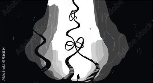Lone figure stands at the base of a surreal, twisting path leading to an illuminated, abstract destination.