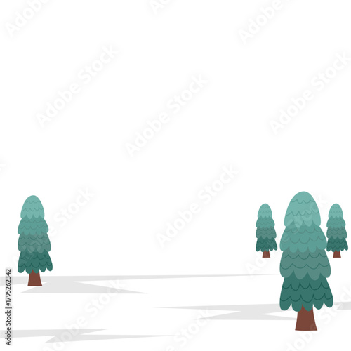 Charming cartoon pine trees in a snowy winter landscape scene