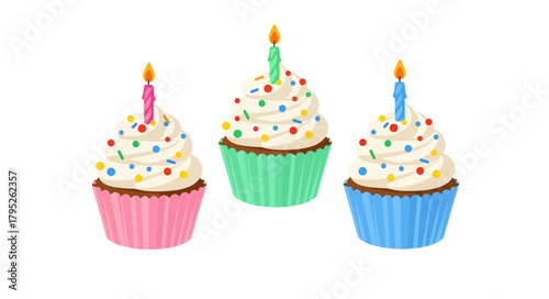 Festive Cupcakes with Sprinkles and Candles for Celebrations.