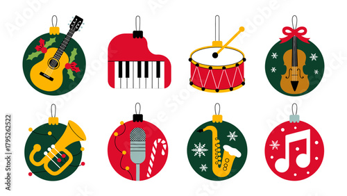 Musical Christmas Ornament: Festive musical ornaments ready to spread holiday cheer and harmonious melodies. Each ornament showcases various musical instruments, from classic guitar to saxophone.