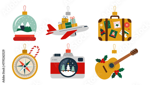 Festive Ornaments of Holiday Delights: A collection of decorative ornaments, evoking a sense of festive cheer and adventure, each symbolising travel, music, and seasonal joy.
