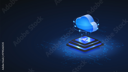 Ai cloud computing isometric vector illustration. Cloud Computing Technology Concept with Digital Data Storage.