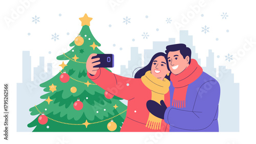 Festive Selfie: A joyful couple captures a heartwarming Christmas selfie, framed by a beautifully decorated tree against a backdrop of falling snowflakes, embodying holiday cheer.