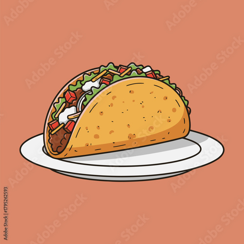 Delicious Hard Shell Taco Illustration on Plate with Orange Background