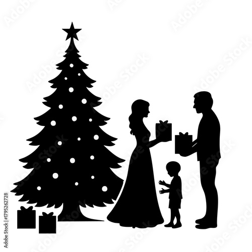 Holiday Gift Exchange Silhouette: A heartwarming silhouette captures a family gathered around a festively decorated tree. They're engaging in a joyous gift exchange.