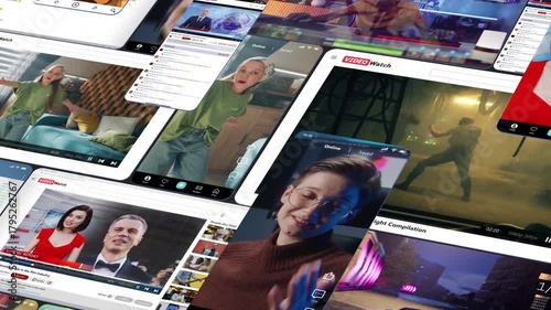 Multi Layered Collage of Screens Displaying Vlogs, News Reports, Streaming Feeds, and Stock Market Charts. Concept Digital Saturation, Modern Media Consumption, Information Overload, Online Lifestyle.