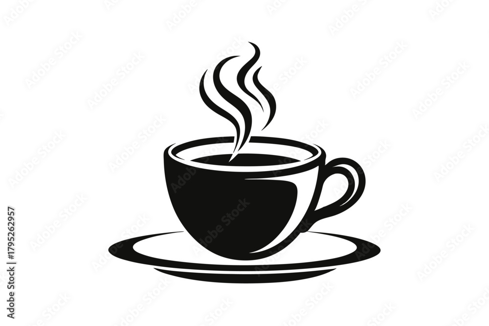Fototapeta premium Stylized black silhouette of a steaming hot coffee cup with saucer, isolated on a white background vector icon design element