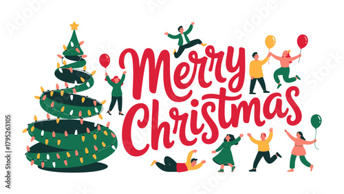 Holiday cheer: Festive Christmas scene features a vibrant Merry Christmas greeting amidst a cheerful gathering of individuals and an illuminated Christmas tree. A joyful and spirited atmosphere. 