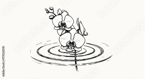 Delicate orchid flower blooming gracefully on rippling water surface, symbolizing tranquility and renewal.