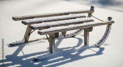 Wooden sleigh covered in snow on bright winter day  