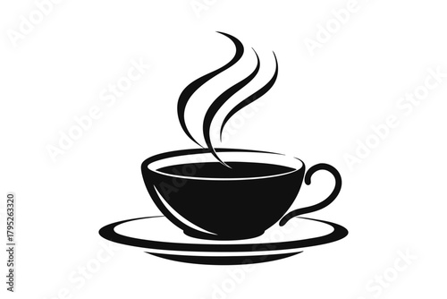 Steaming hot coffee cup icon, simple black silhouette of a beverage mug on a saucer with rising steam, vector