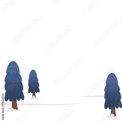 Whimsical winter trees stand on snow covered ground