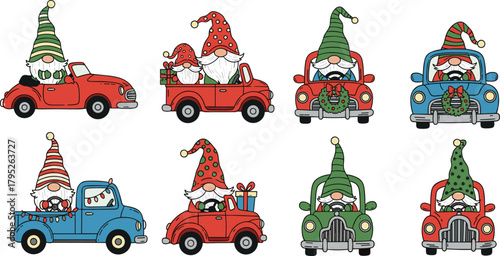 Christmas gnome, holiday car, festive truck, cartoon style, gift delivery, winter celebration, colorful hats, seasonal vehicle, joyful ride, holiday clipart