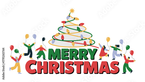 Festive Holiday: A vibrant Christmas scene, merry characters celebrate with balloons, forming a heartwarming spectacle of joy and togetherness under a charming, decorated tree. 