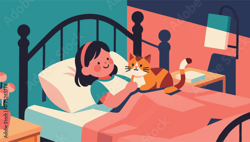Illustration Of A Little Girl Lying On A Bed Accompanied By A Cat Vector Design Template