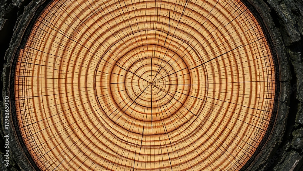 Fototapeta premium annual. Tree trunk cross-section with visible growth rings, natural wood texture in soft daylight. travel magazines, destination branding, designed for outdoor magazines and nature guides.