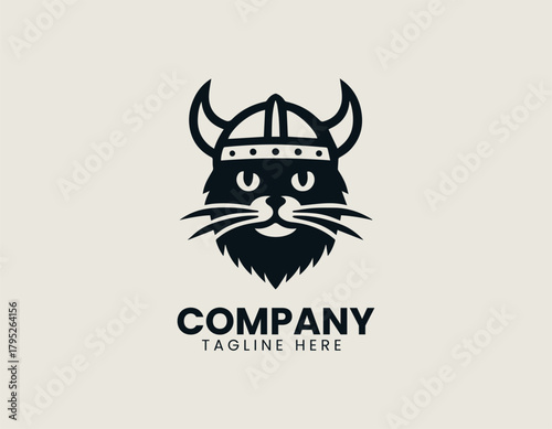 Viking cat holds strong stance wearing helmet in bold heroic logo design