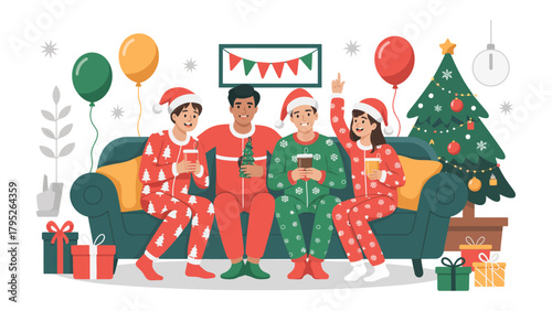 Festive Holiday Gathering: Friends gather to embrace the magic of the holiday season, sitting together to revel in togetherness, laughter, and the spirit of the occasion. A cozy, intimate moment.