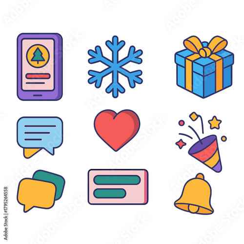 Holiday Social Icons. Interactive Holiday Posts modern flat icon set: smartphone post, snowflake effect, like button, wrapped present, comment thread, poll box, confetti spark,