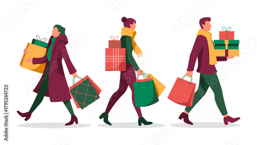Holiday Shoppers' Stroll: Three stylish individuals stride confidently with an array of gift-filled shopping bags, embodying the festive spirit of seasonal commerce and gift-giving.