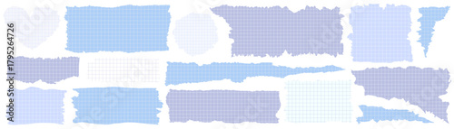Torn blue grid paper set various ripped edges for notes, collage, scrapbooking, banners, school, office designs
