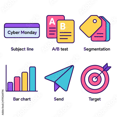 Cyber Monday Icons. Cyber Monday Email Campaign modern flat icon set: subject line bar, A/B test cards, segmentation tags, bar chart, send icon, target.