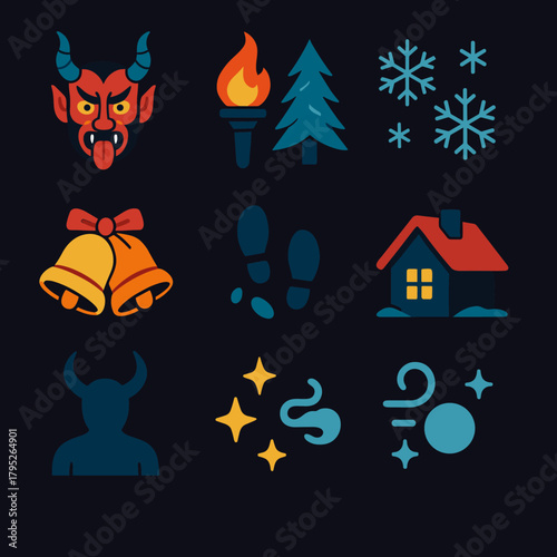 Winter Celebration Icons. Dark Winter Celebration modern flat icon set: Krampus mask, burning torch, icy forest, snowflakes, bells, footprints, flickering flame, cabin light,