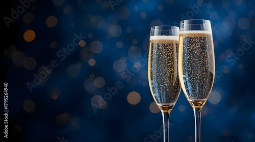Two elegant champagne flutes filled with bubbly golden champagne stand ready for a celebration against a dark blue bokeh background