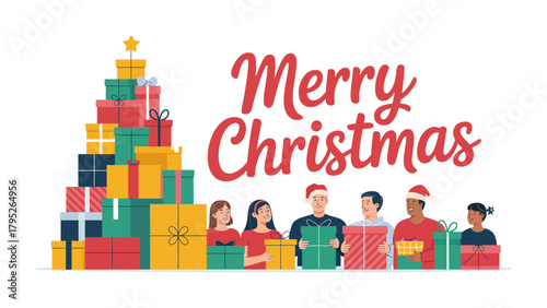 Christmas Cheer and Gifts Galore: A festive illustration of diverse individuals surrounded by a towering stack of vibrant gift boxes, embodying the joy and generosity of the holiday season.