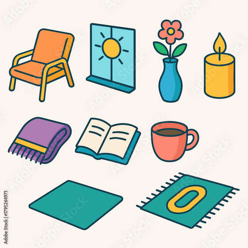 Tranquil Living Icons. Tranquil Living modern flat icon set: lounge chair, sunlight window, flower vase, candle, soft throw, book, cup, rug.