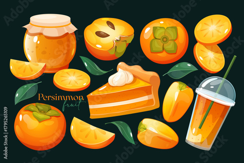 Vector set of persimmon fruit slices, whole and halved persimmons, persimmon jam in a glass jar, a slice of persimmon pie with whipped cream, and a persimmon smoothie in a plastic cup