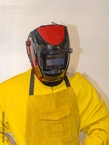 Yellow Leather Welders Apron and Helmet Safety Gear