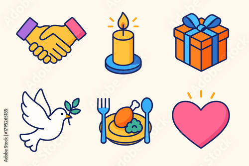 Peaceful Unity Icons. Together in Peace modern flat icon set: joined hands, candlelight, gift box, shared meal, dove symbol, glowing heart.