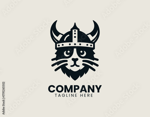 Viking cat holds strong stance wearing helmet in bold heroic logo design
