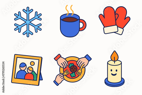 Winter Icons Set. Winter Reunion modern flat icon set: snowflake, hot drink, mittened hands, photo frame, shared meal, cheerful candle.