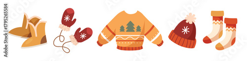 Vector illustration of cozy winter clothing set with boots, red mittens, ornament sweater, warm hat with pom-pom and socks isolated on white background.