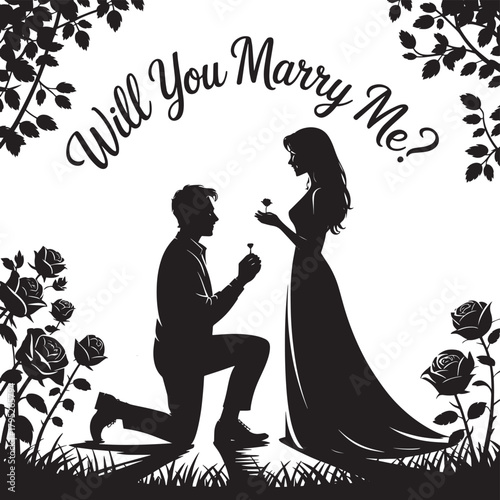 Romantic proposal moment captured with man kneeling offering rose to woman surrounded by elegant floral silhouette art