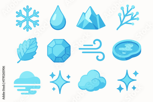 Icy Blue Icons. Winter Icy Blue Palette modern flat icon set: snowflake, frozen droplet, glacier peak, icy branch, frosted leaf, ice crystal, cold wind swirl, frozen lake, misty