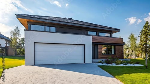 Modern contemporary two story house with a sloped roof and large garage door on a sunny day