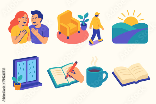 Modern Lifestyle Icons. Emotional & Lifestyle Scenes modern flat icon set: laughing friends, cozy home, sunrise walk, candlelight dinner, rainy window, journal writing, coffee mug,