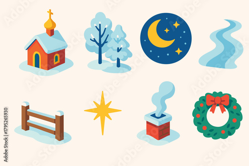 Isometric Christmas Scenes. Orthodox Christmas Winter Scenery modern flat icon set: village chapel, frosty trees, moonlit sky, snowy pathway, wooden fence, shining star, smoke from