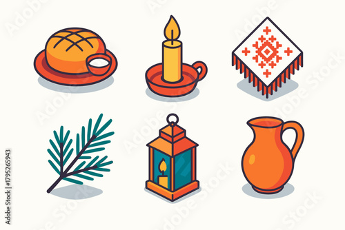 Orthodox New Year Icons. Orthodox New Year Traditions modern flat icon set: bread and salt, candle, embroidered napkin, pine twig, lantern, pitcher.