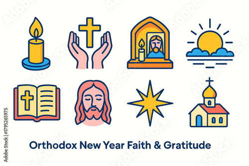Orthodox Faith Icons. Orthodox New Year Faith & Gratitude modern flat icon set: candle flame, hands holding cross, peaceful home altar, morning light, sacred text, serene face,
