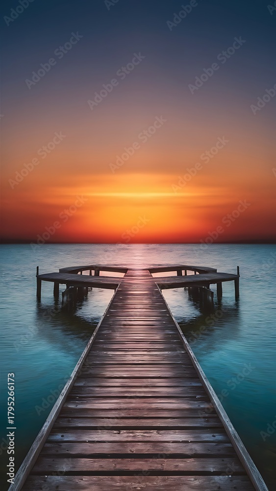 Obraz premium wooden dock, sunset, serene lake, still water, tranquil scene, golden sky, reflective surface, peaceful atmosphere, calming landscape, dramatic lighting, vibrant colors 