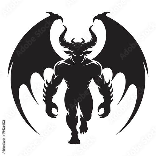 Powerful demon with large wings and menacing horns strides forward, embodying darkness and strength for horror themes