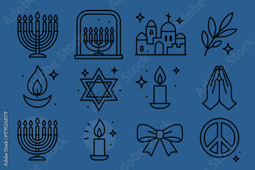 Israeli Festival Lights. Festival of Lights in Israel outline icon set: menorah candles, window sill, cityscape, blue night, olive leaf, flame reflection, star sparkle, prayer