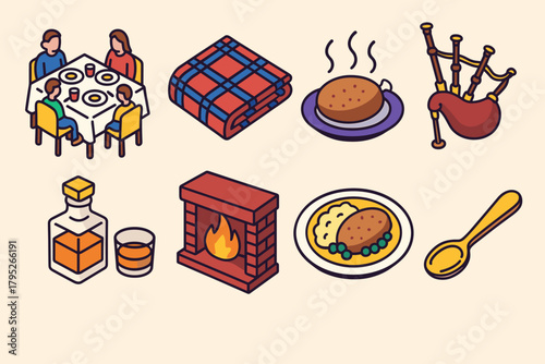Burns Night Icons. Burns Night Evening Meal modern flat icon set: family seated, tartan cloth, bagpipe symbol, steaming dish, whisky decanter, cozy fire, festive plate, golden