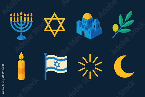 Isometric Hanukkah Icons. Jerusalem Hanukkah Night modern flat icon set: menorah, star, city silhouette, olive branch, candle, flag, glow, moon.