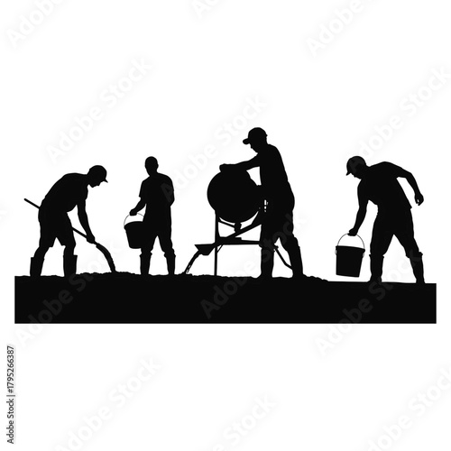Silhouetted construction workers mixing concrete with a cement mixer and shovels vector