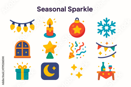 Festive Icons Collection. Seasonal Sparkle modern flat icon set: light strand, candle flame, ornament, snowflake, warm window, tree star, confetti, garland, glowing gift, starry